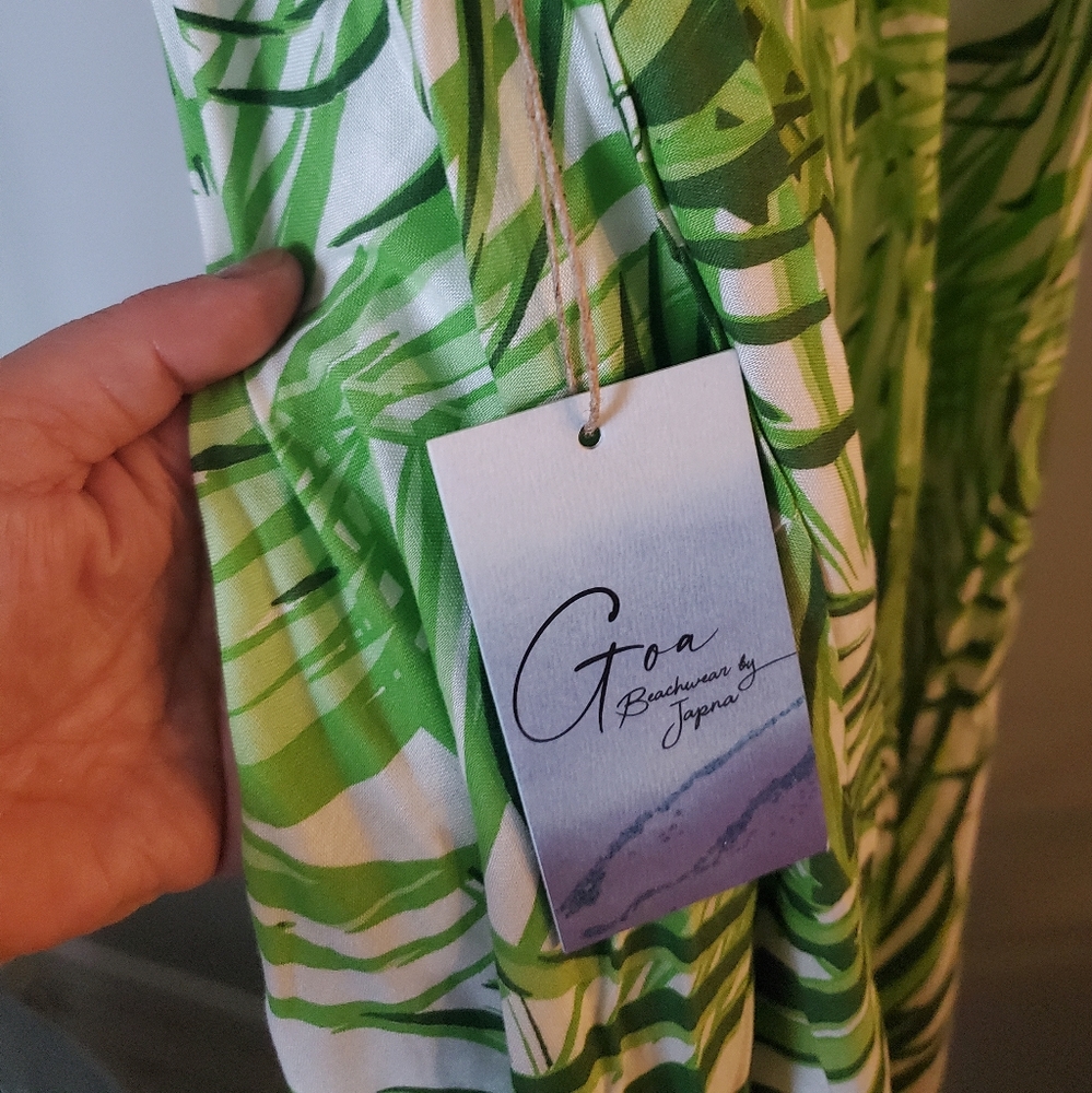 NWT GOA BEACHWEAR BY JAPANA Green/White Palm Leaf Asymmetrical Hem Dress - XS - Picture 6 of 7